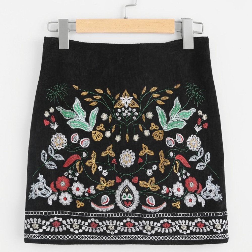 Botanical Embroidered Cord Skirt